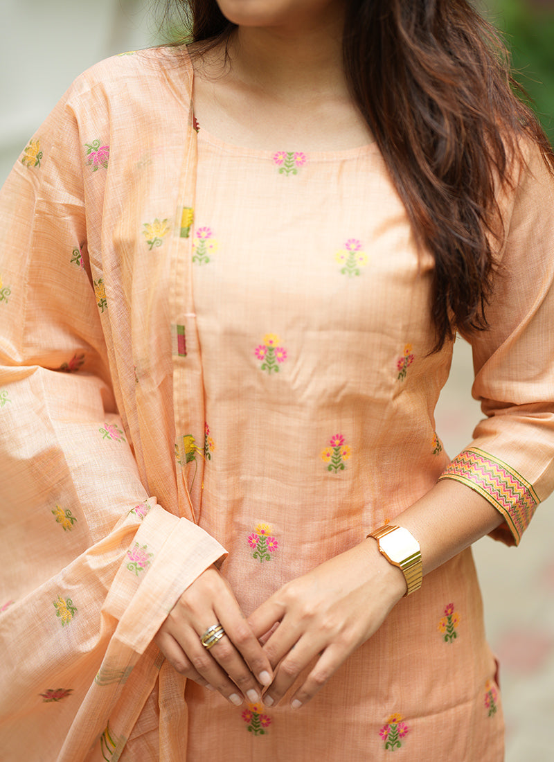 Peach Jamdani Cotton Festive Kurta Set