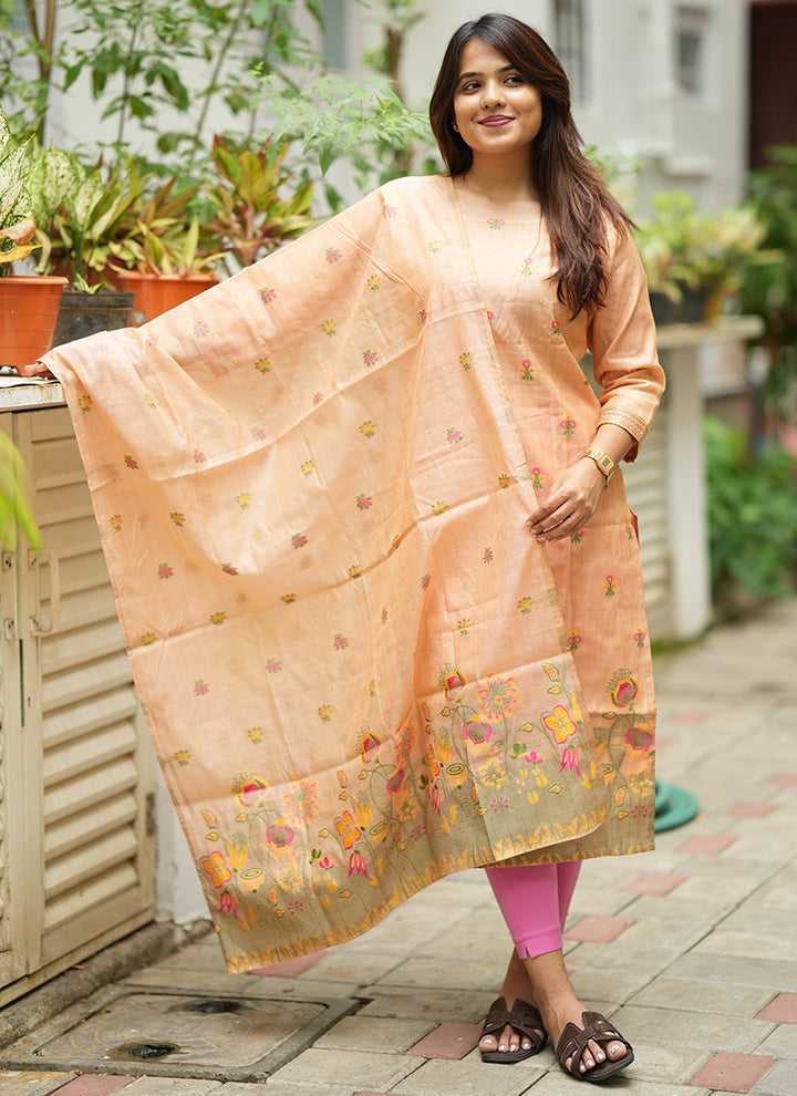 Peach Jamdani Cotton Festive Kurta Set