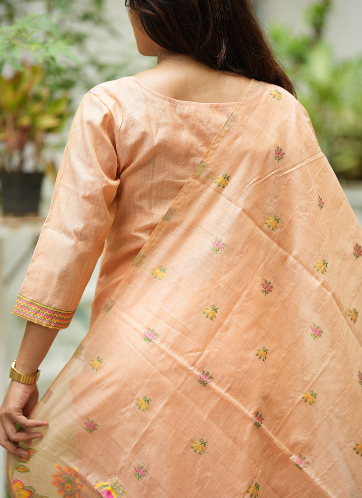 Peach Jamdani Cotton Festive Kurta Set