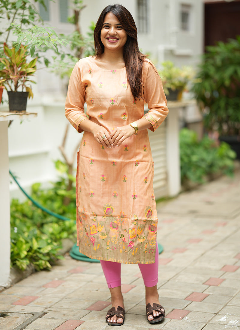 Peach Jamdani Cotton Festive Kurta Set