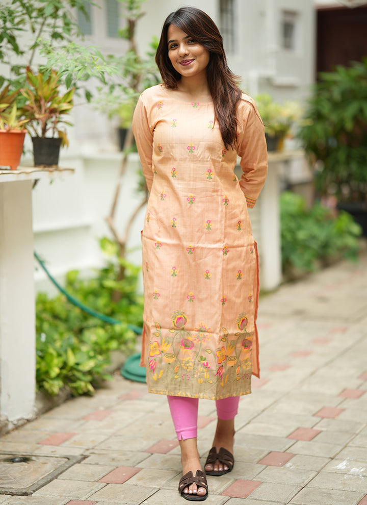 Peach Jamdani Cotton Festive Kurta Set