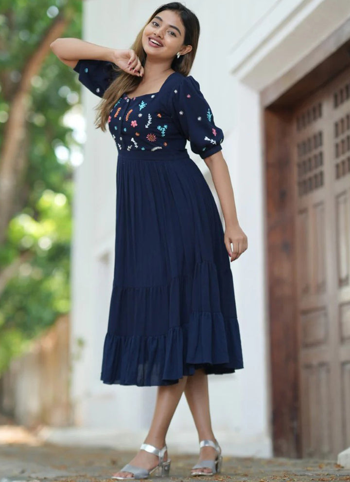 Navy Elegance Embroidered Rayon Midi Dress