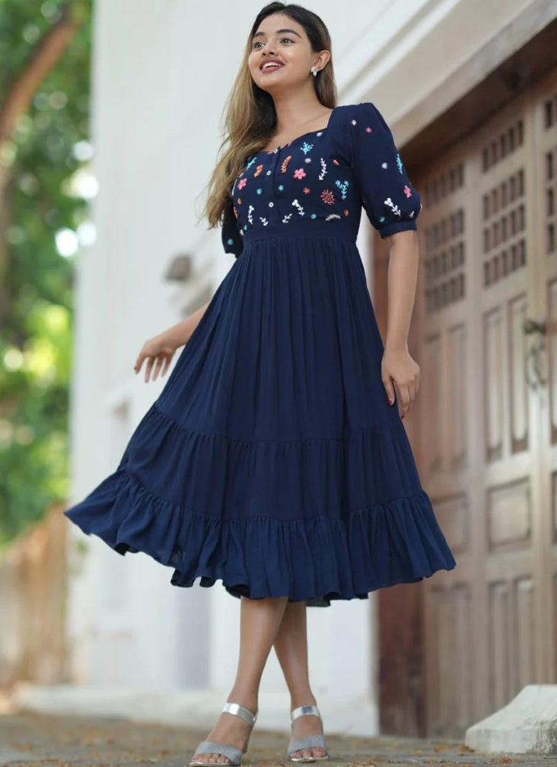 Navy Elegance Embroidered Rayon Midi Dress