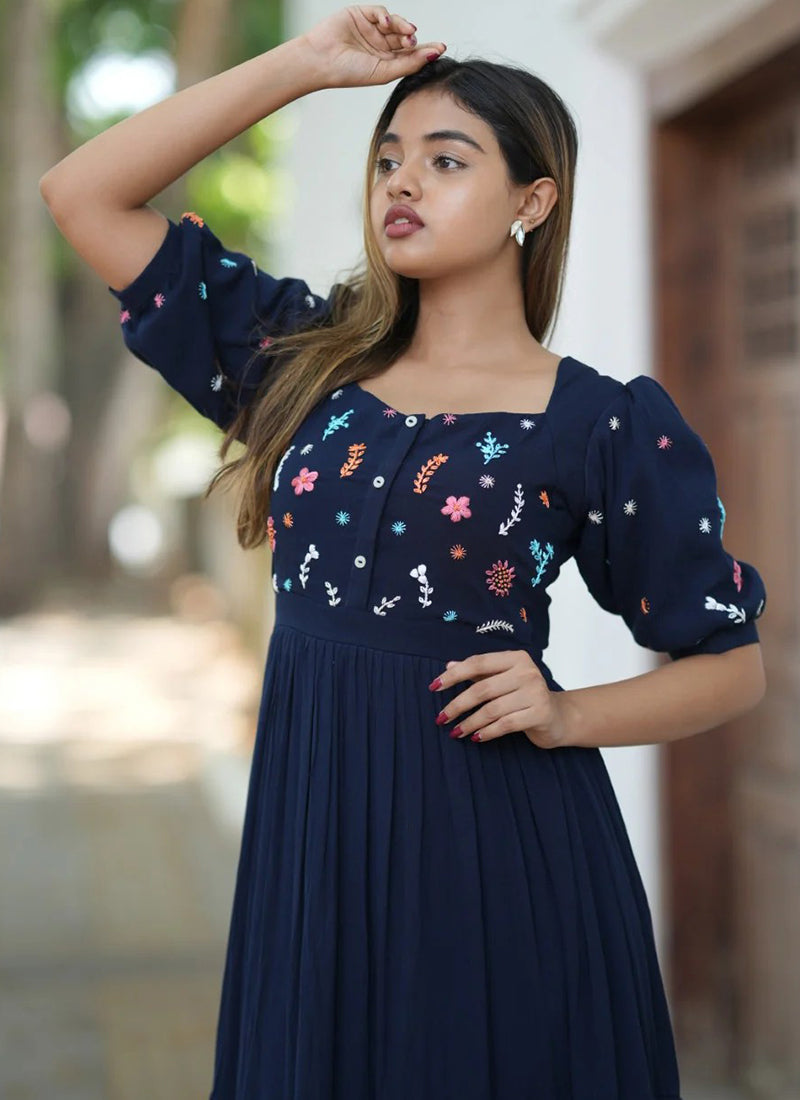 Navy Elegance Embroidered Rayon Midi Dress