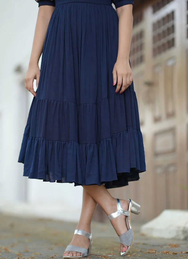 Navy Elegance Embroidered Rayon Midi Dress