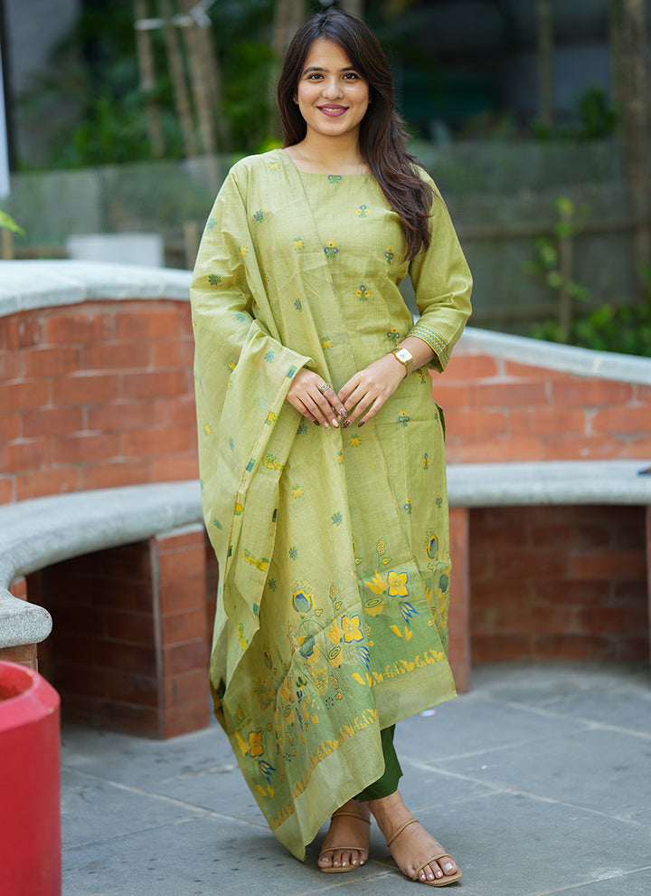 Green Jamdani Cotton Woven Festive Kurta Set