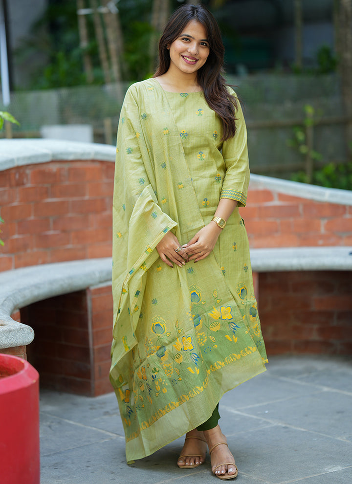 Green Jamdani Cotton Woven Festive Kurta Set
