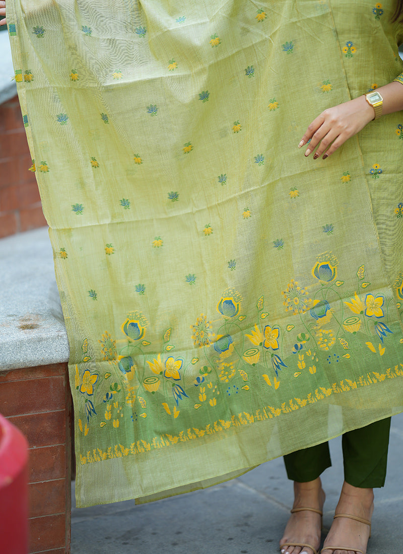 Green Jamdani Cotton Woven Festive Kurta Set