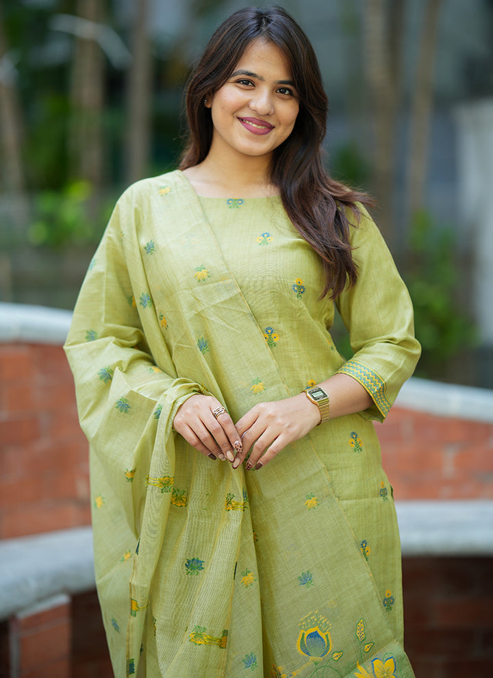 Green Jamdani Cotton Woven Festive Kurta Set
