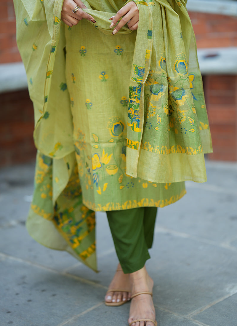 Green Jamdani Cotton Woven Festive Kurta Set
