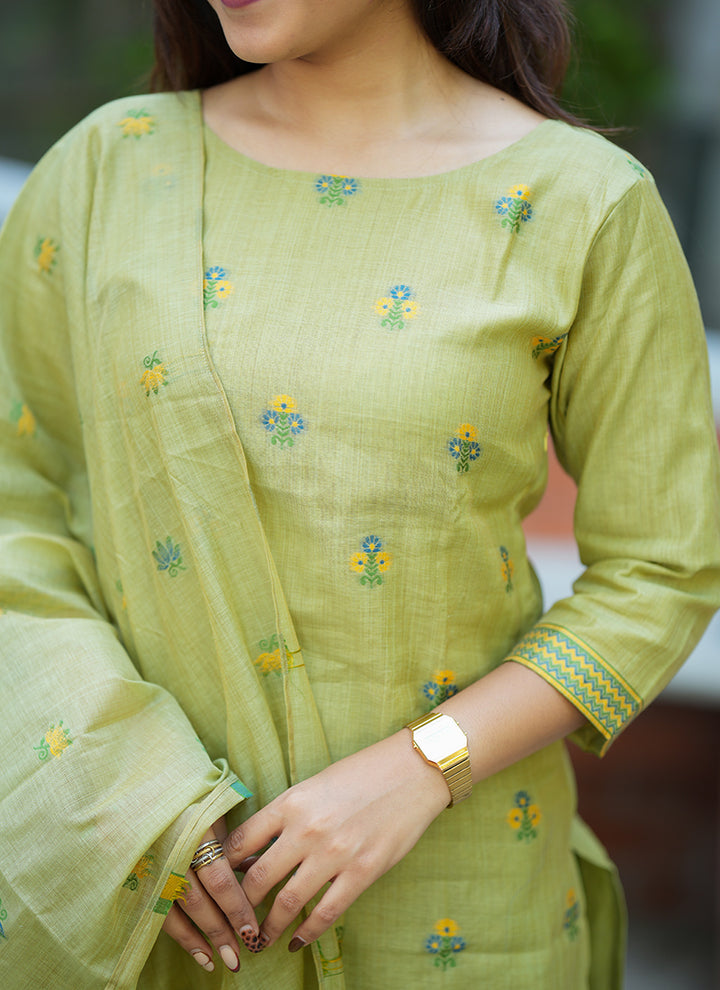 Green Jamdani Cotton Woven Festive Kurta Set