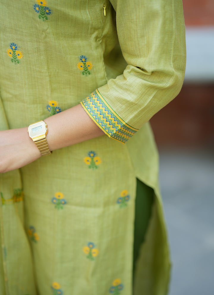 Green Jamdani Cotton Woven Festive Kurta Set