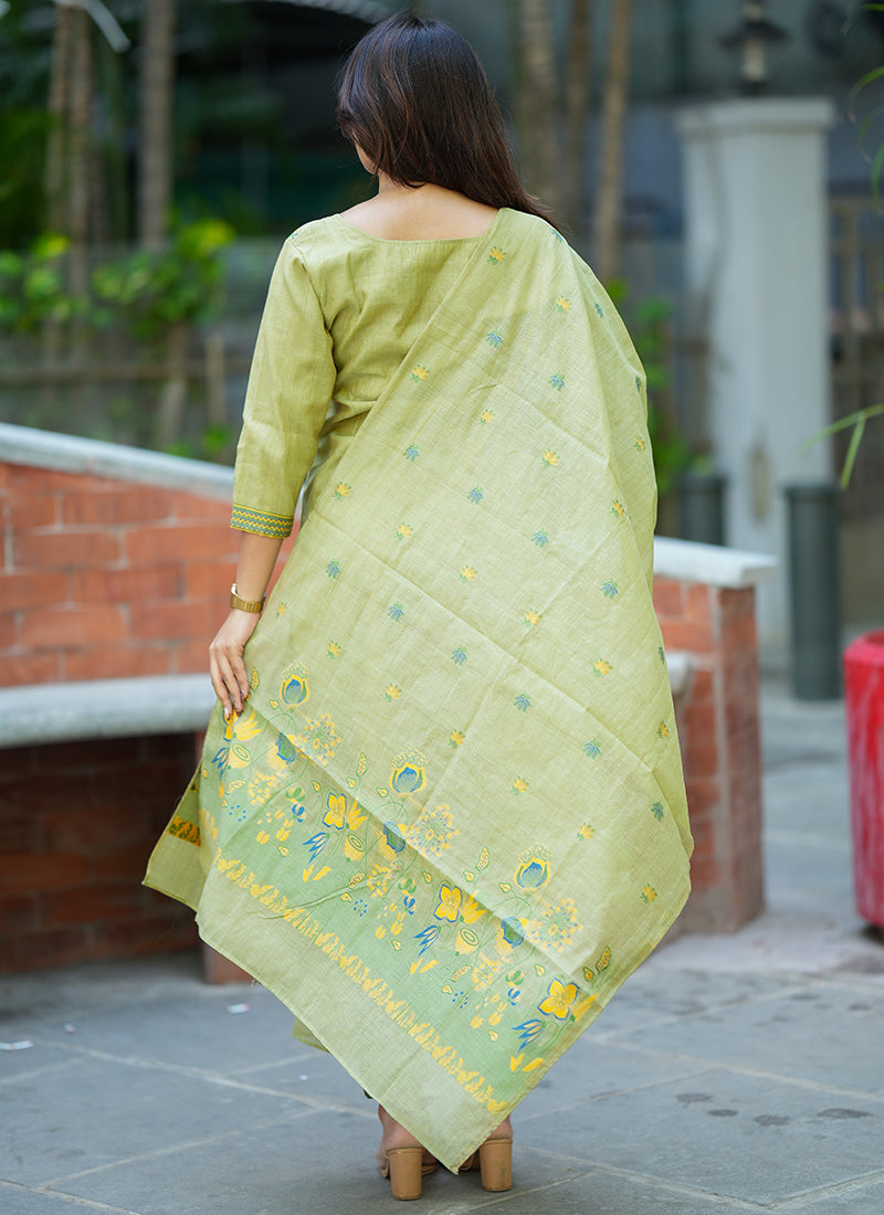 Green Jamdani Cotton Woven Festive Kurta Set