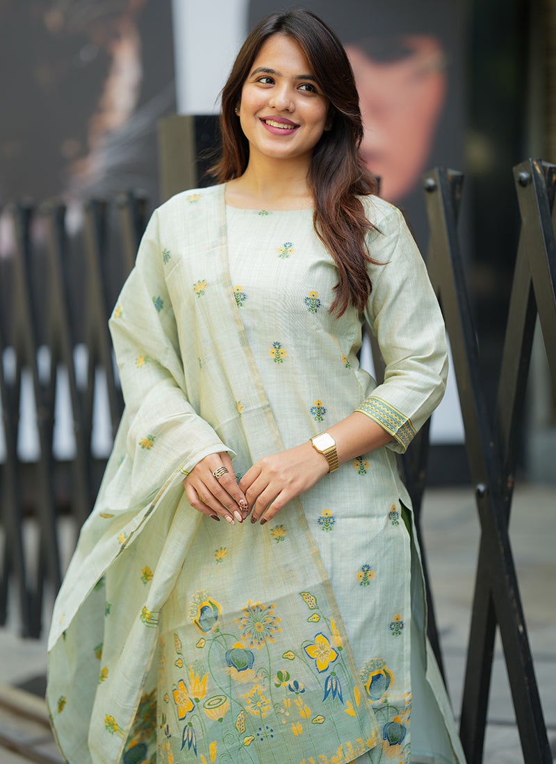 Pista Green Cotton Woven Festive Kurta Set