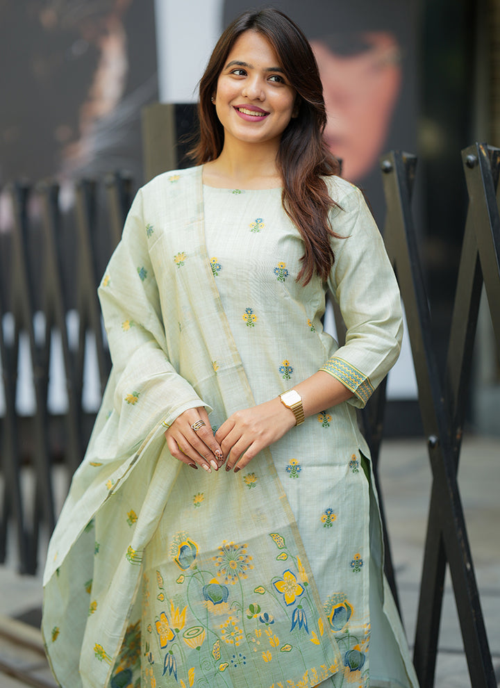 Pista Green Cotton Woven Festive Kurta Set