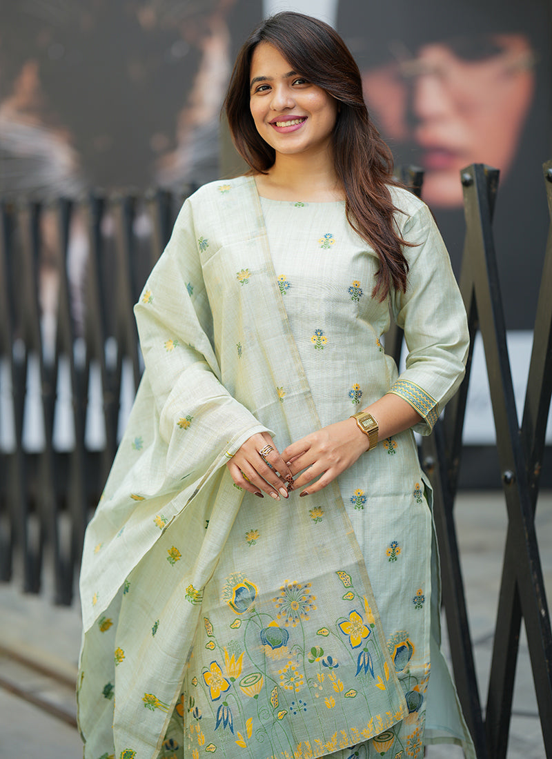 Pista Green Cotton Woven Festive Kurta Set