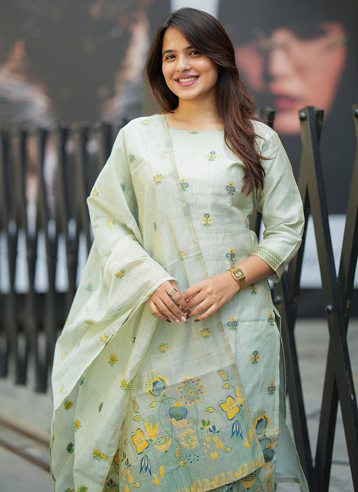 Pista Green Cotton Woven Festive Kurta Set