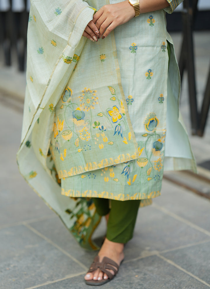 Pista Green Cotton Woven Festive Kurta Set