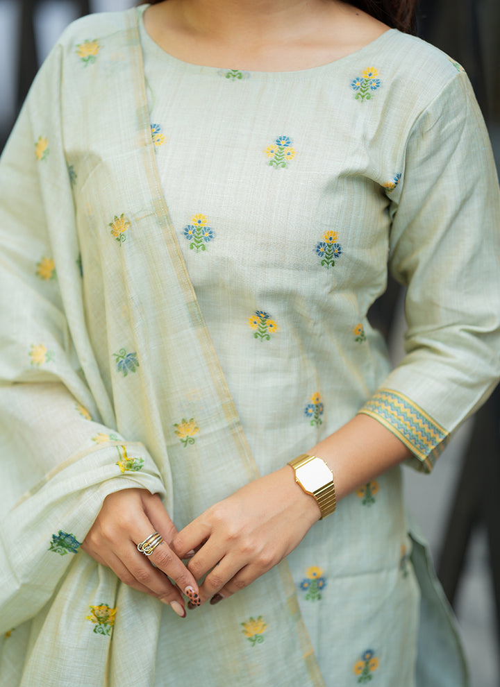 Pista Green Cotton Woven Festive Kurta Set