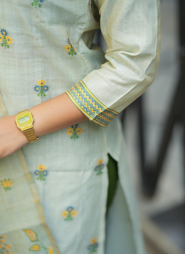 Pista Green Cotton Woven Festive Kurta Set