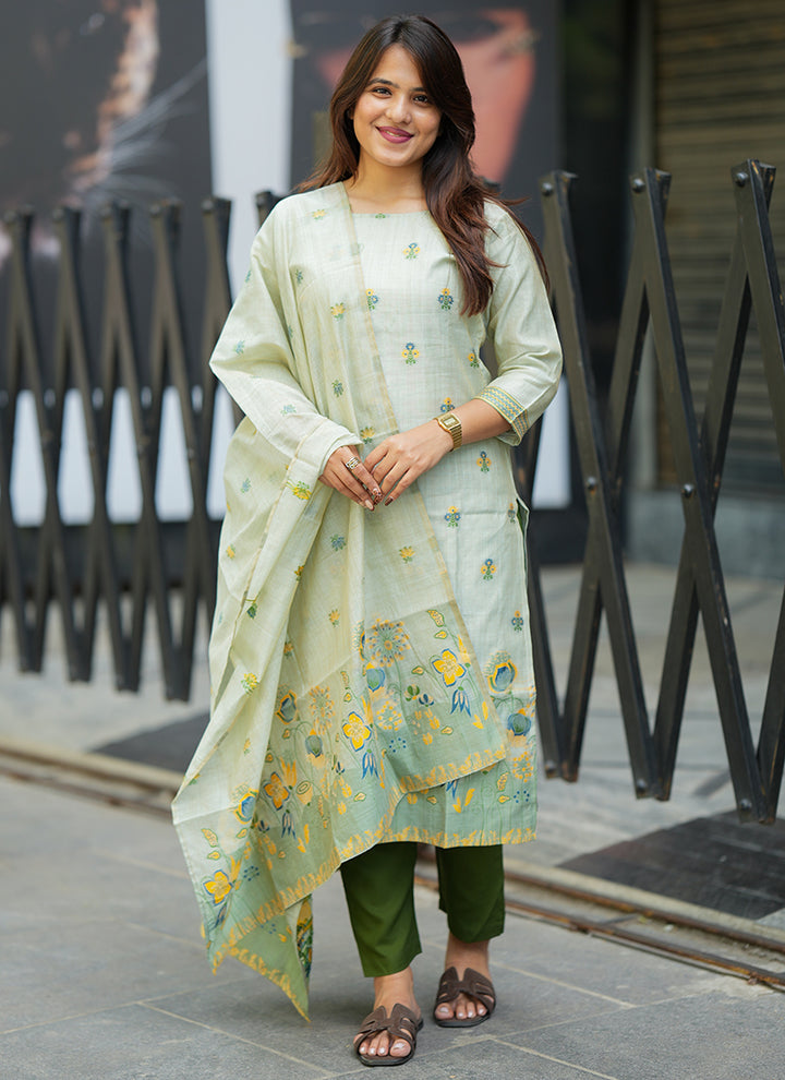 Pista Green Cotton Woven Festive Kurta Set