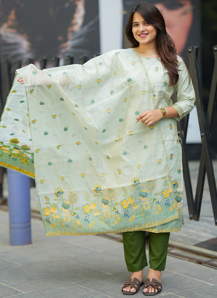 Pista Green Cotton Woven Festive Kurta Set