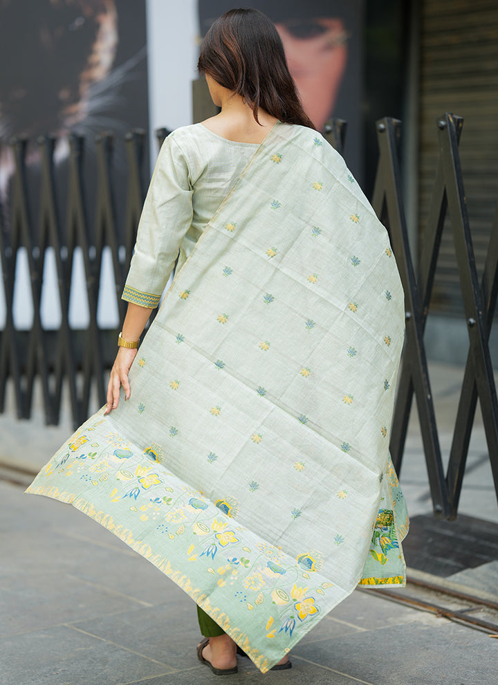 Pista Green Cotton Woven Festive Kurta Set