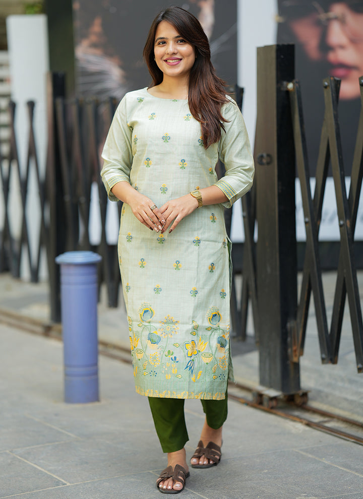 Pista Green Cotton Woven Festive Kurta Set