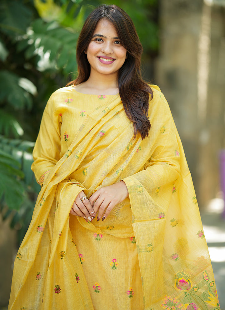 Mustard Yellow Jamdani Cotton Woven Haldi Kurta Set