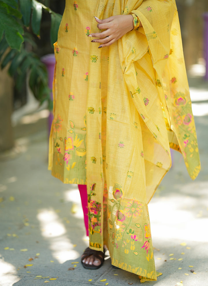 Mustard Yellow Jamdani Cotton Woven Haldi Kurta Set