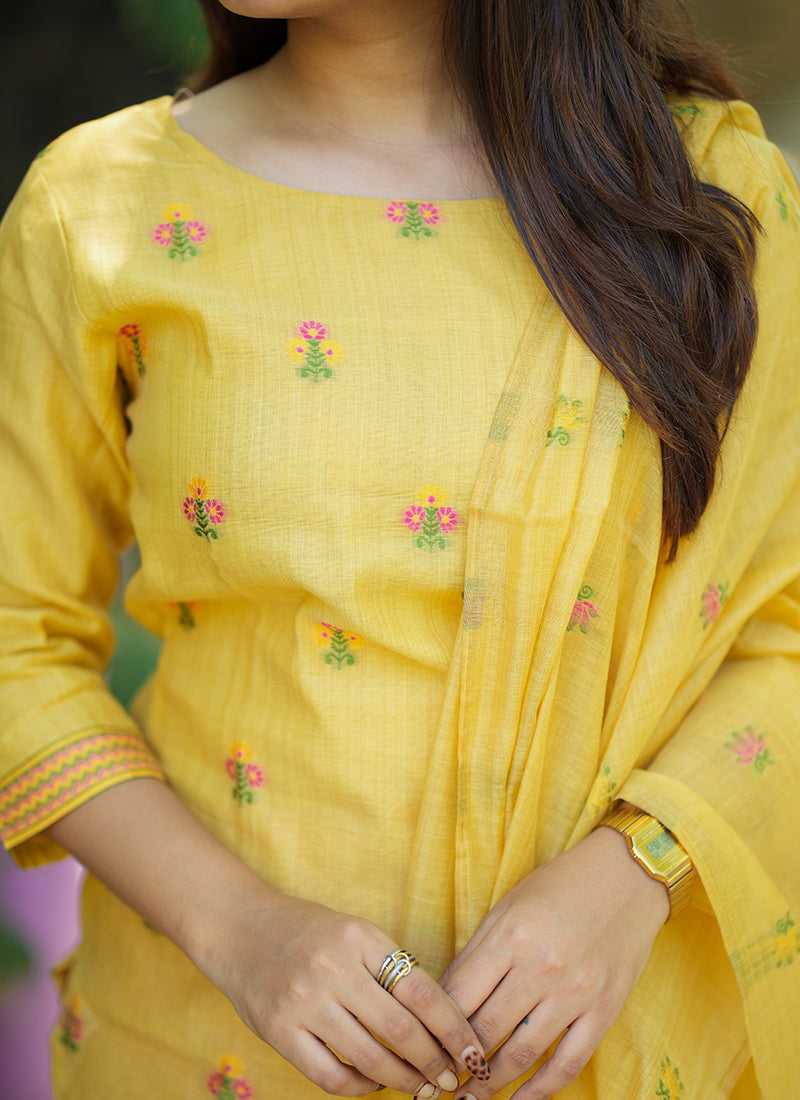 Mustard Yellow Jamdani Cotton Woven Haldi Kurta Set