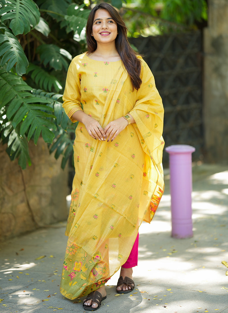 Mustard Yellow Jamdani Cotton Woven Haldi Kurta Set