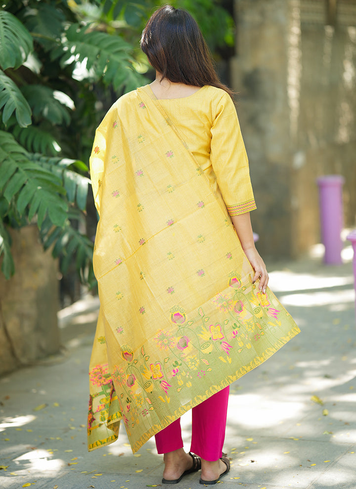 Mustard Yellow Jamdani Cotton Woven Haldi Kurta Set