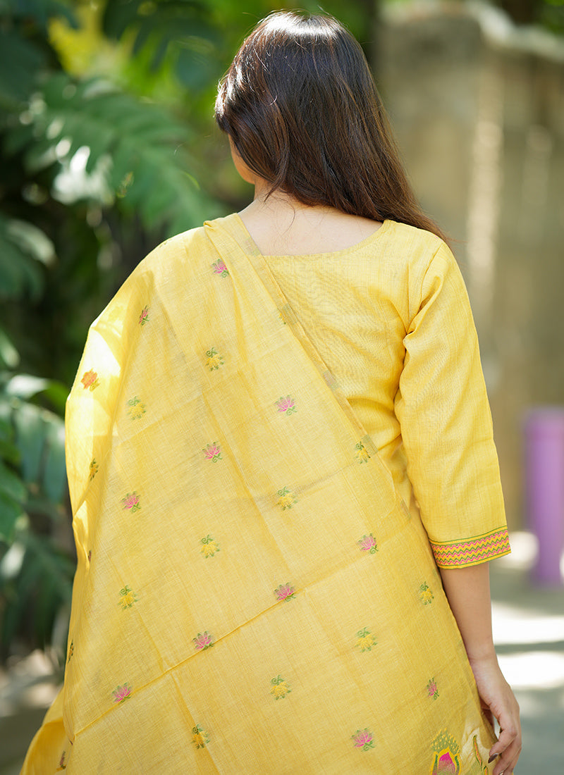 Mustard Yellow Jamdani Cotton Woven Haldi Kurta Set