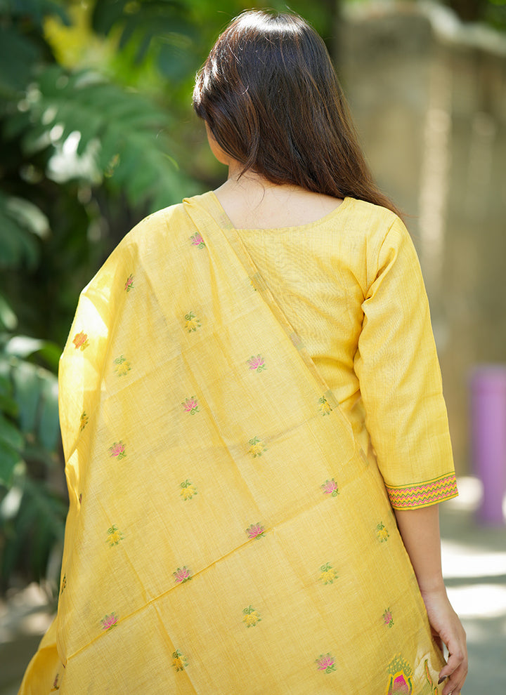Mustard Yellow Jamdani Cotton Woven Haldi Kurta Set