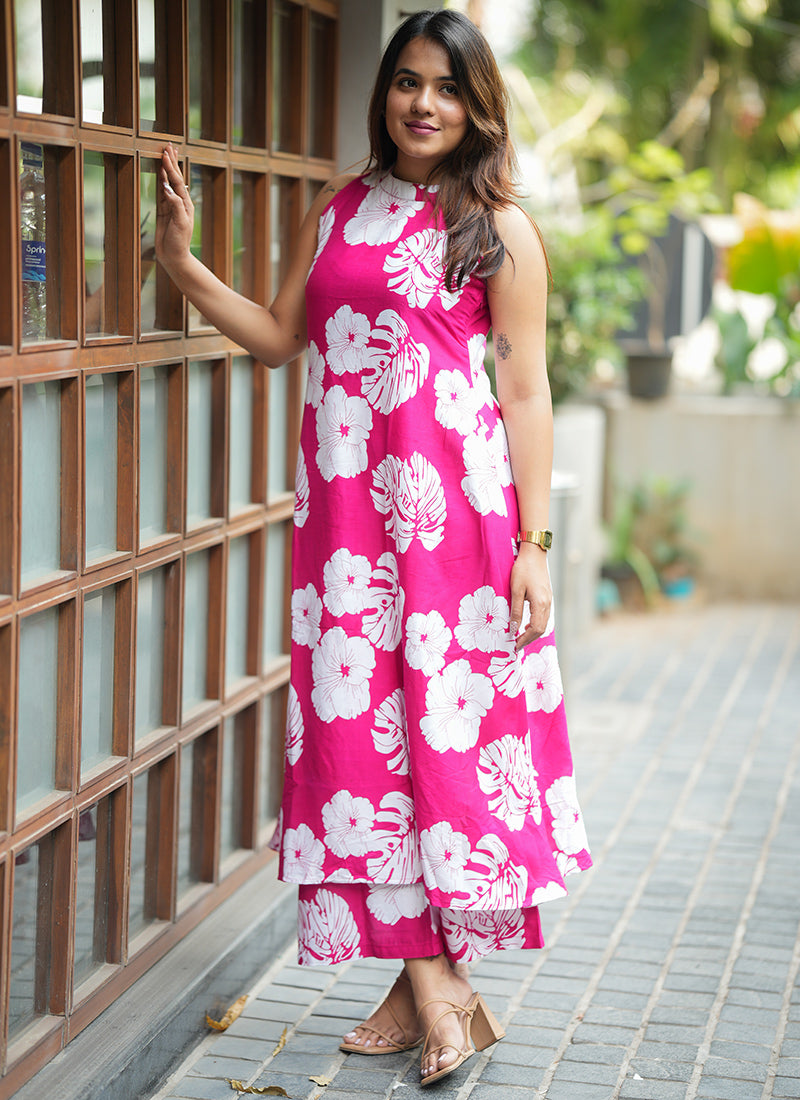 Magenta Pink Rayon Flower Printed Office Wear Cord Set