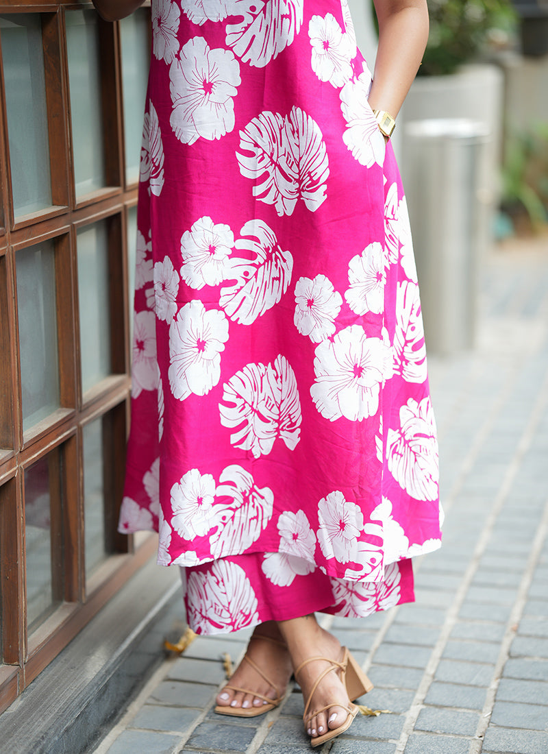 Magenta Pink Rayon Flower Printed Office Wear Cord Set
