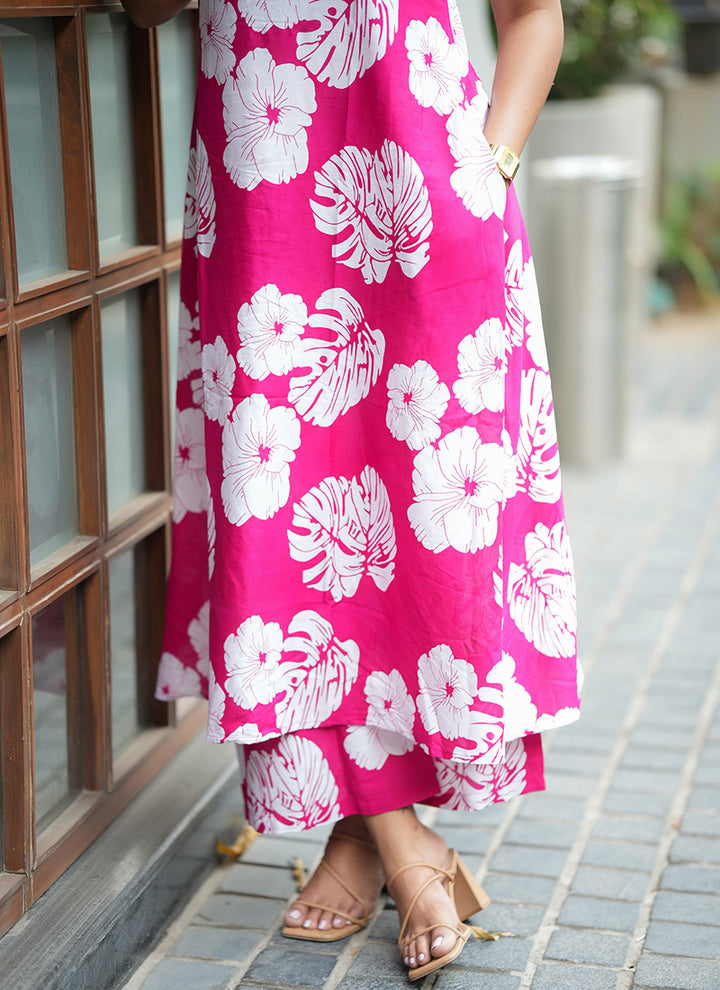 Magenta Pink Rayon Flower Printed Office Wear Cord Set