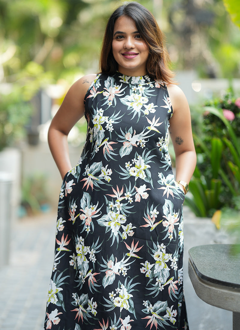 Black Rayon Flower Printed Casual Cord Set