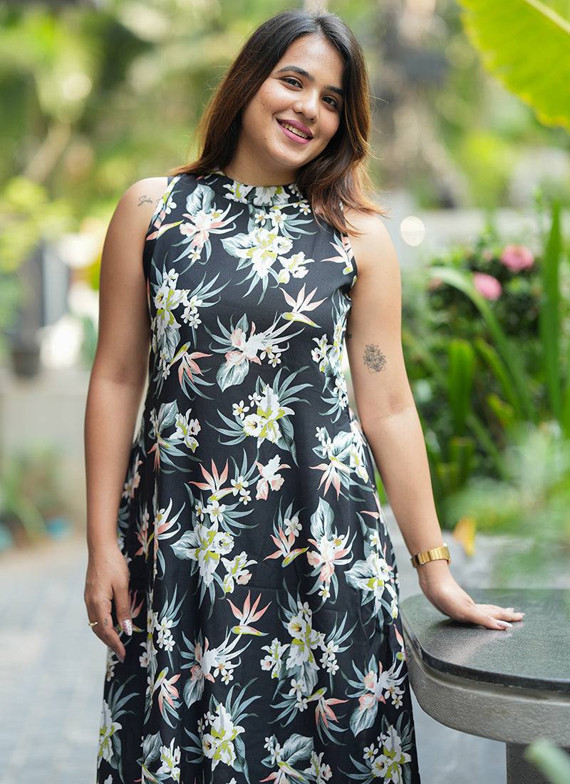 Black Rayon Flower Printed Casual Cord Set