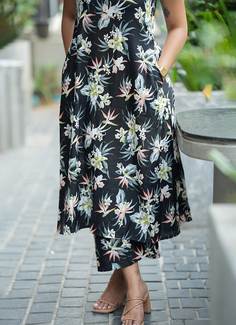 Black Rayon Flower Printed Casual Cord Set