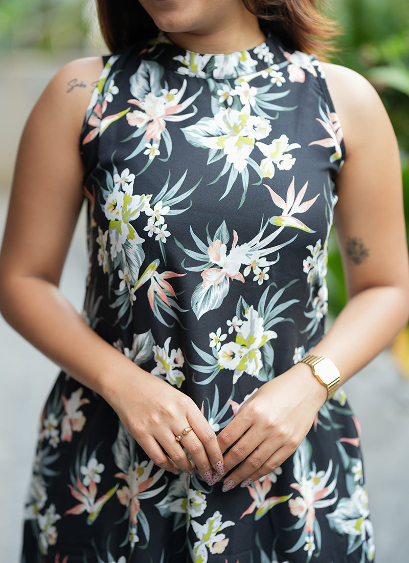 Black Rayon Flower Printed Casual Cord Set