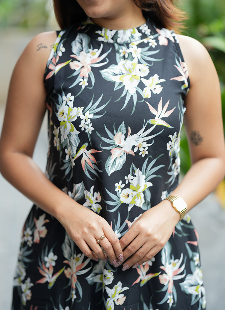 Black Rayon Flower Printed Casual Cord Set