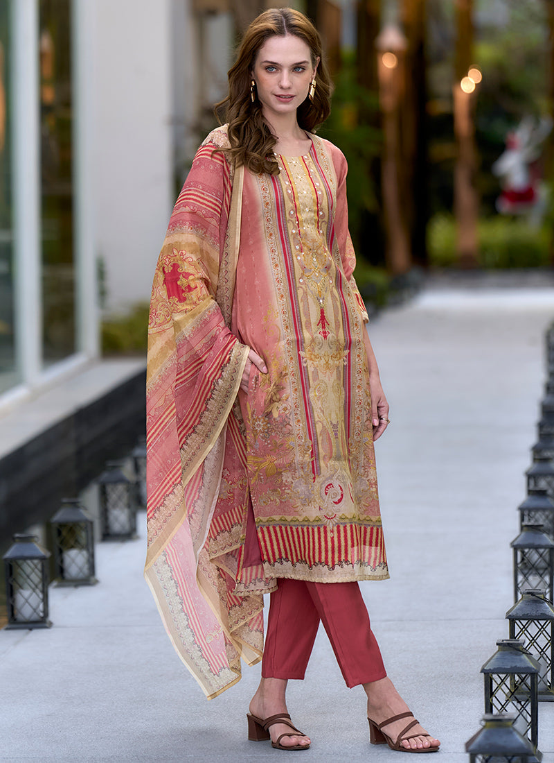 Beige Silk Blend Printed Daily Wear Kurta Set