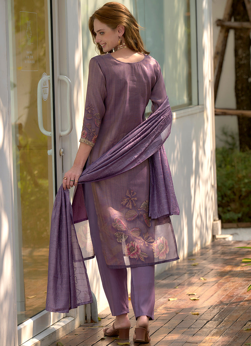 Purple Floral Printed Tissue Party Wear Kurta Set