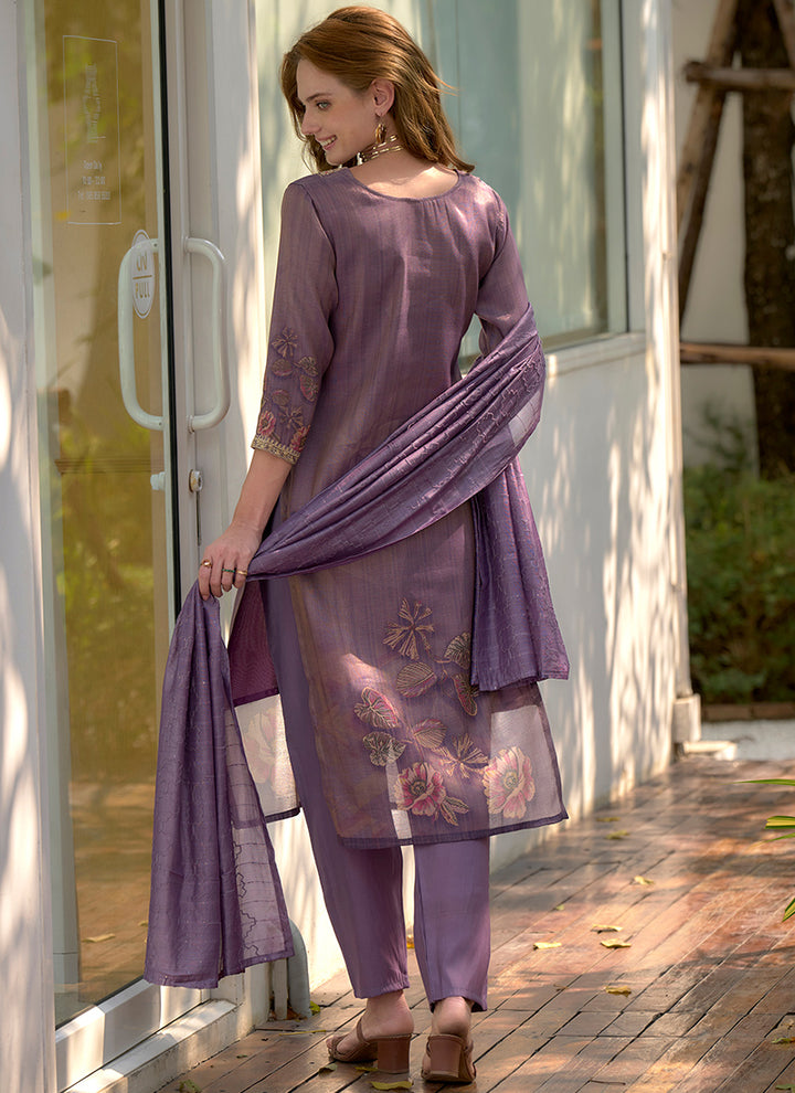 Purple Floral Printed Tissue Party Wear Kurta Set