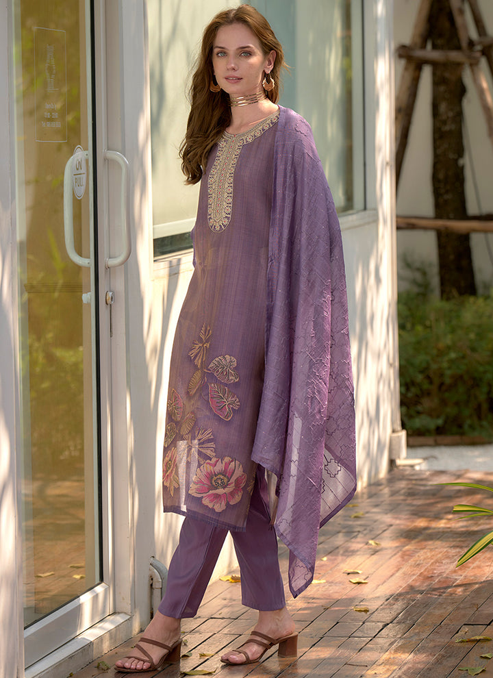 Purple Floral Printed Tissue Party Wear Kurta Set