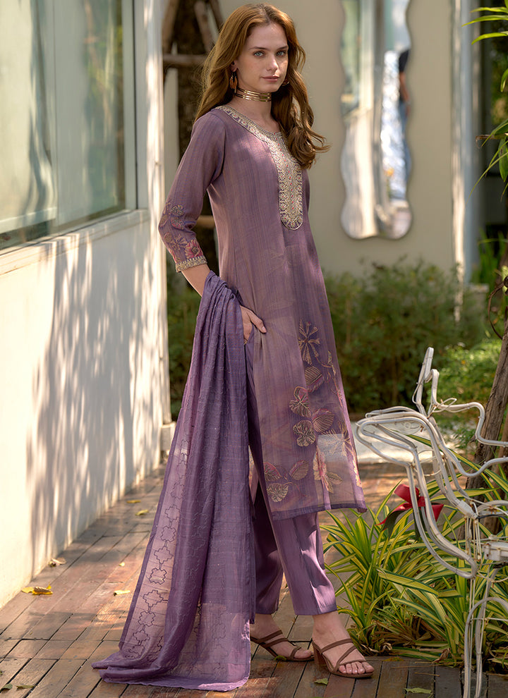 Purple Floral Printed Tissue Party Wear Kurta Set