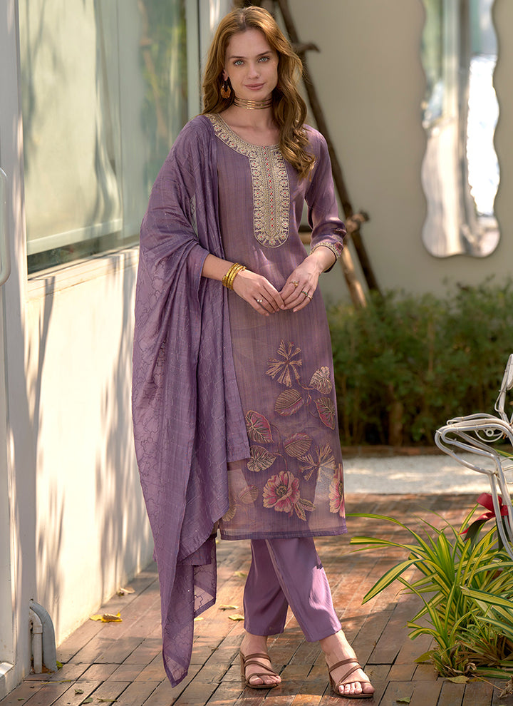 Purple Floral Printed Tissue Party Wear Kurta Set