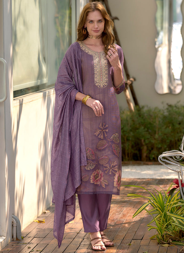 Purple Floral Printed Tissue Party Wear Kurta Set